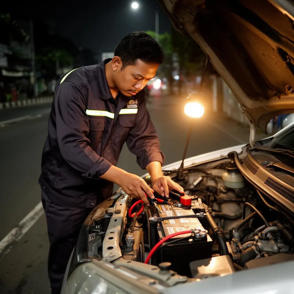 Montir AUTOCAR memeriksa aki mobil mogok di Bekasi pada malam hari