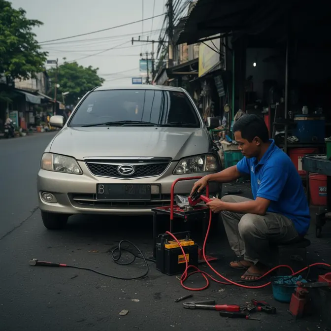 Montir AUTOCAR jumper aki mobil di pinggir jalan Bekasi